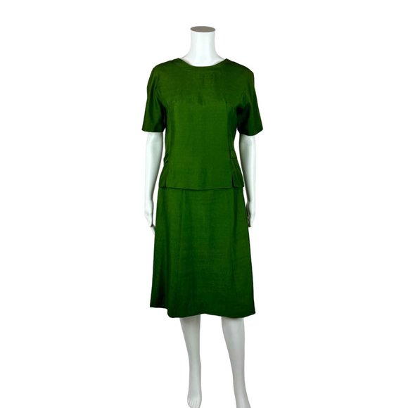Vintage 70s Suit Set Women's Extra Small Solid Green Silk Blend Skirt Top Busine - Picture 1 of 10